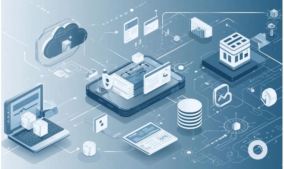 Isometric illustration depicting a technology landscape with a laptop, smartphone, and cloud icon connected by a network of lines and symbols representing data storage and processing.
