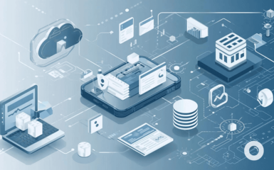 Isometrische Illustration, die eine Technologielandschaft mit einem Laptop, einem Smartphone und einem Cloud-Symbol darstellt, die durch ein Netzwerk von Linien und Symbolen verbunden sind und Datenspeicherung und -verarbeitung repräsentieren.