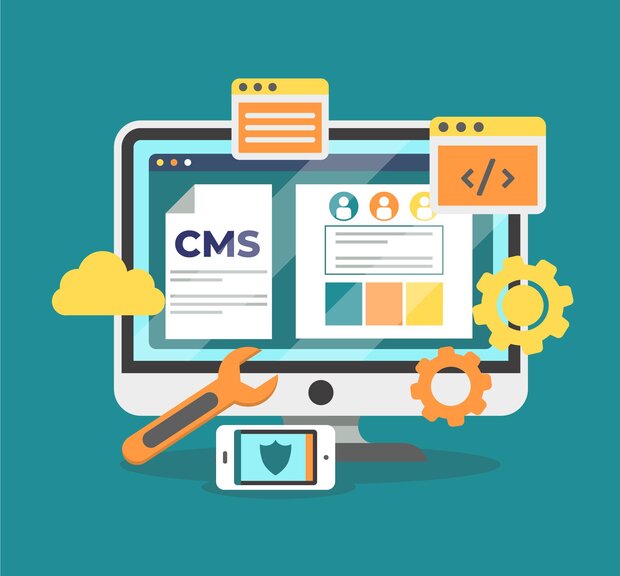 the process of creating a CMS website on a computer screen with web design software.