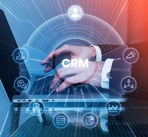 Infographic outlining the selection process for a CRM system, highlighting key points such as business needs, feature analysis, and financial considerations.