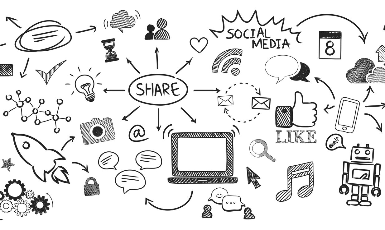 A black and white illustration featuring various social media icons interconnected in a creative design