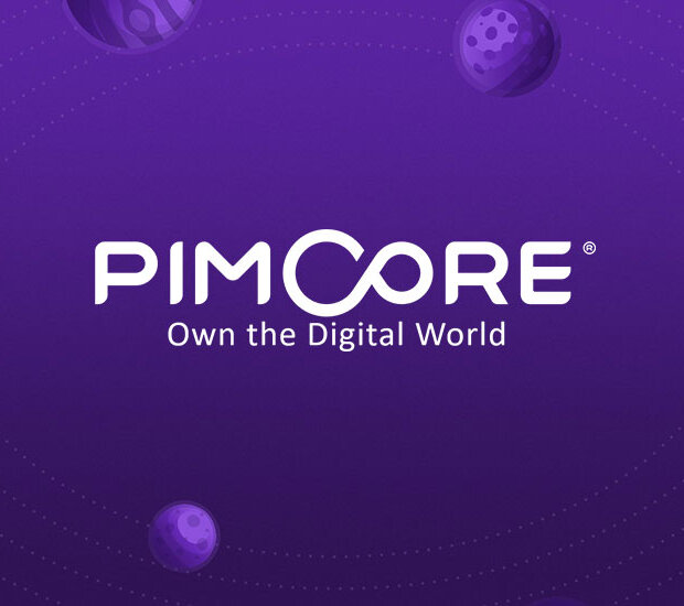 Pimcore-Logo auf lila Hintergrund mit Planeten